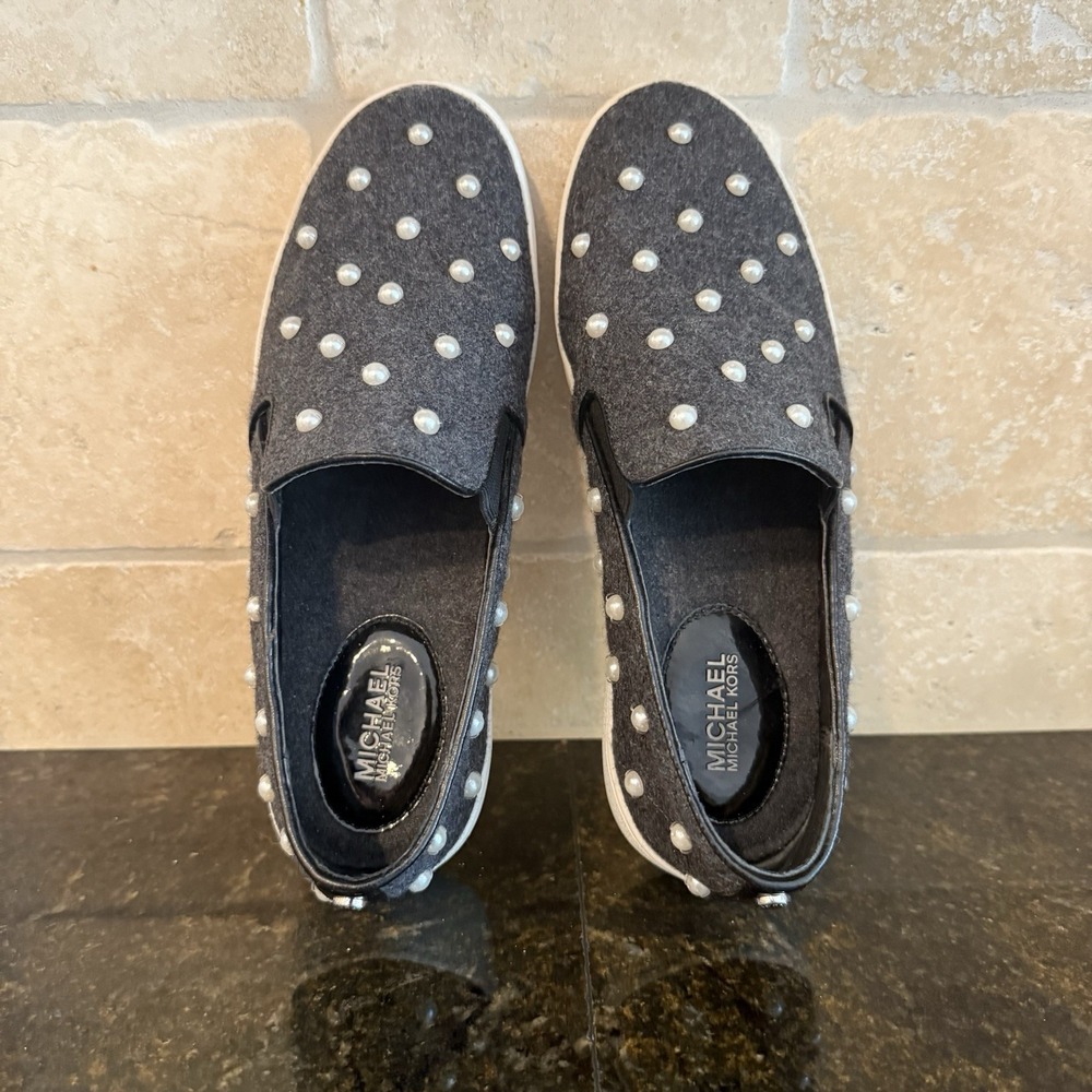 Michael Kors Grey Wool Pearl-Embellished Slip-On Sneakers - Picture 10 of 13
